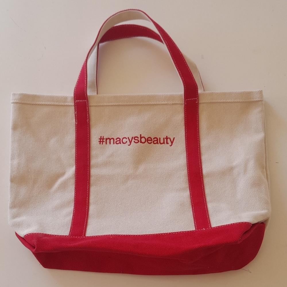 NEW Macy's Red Beauty Canvas L Tote Makeup Travel Grocery Travel Storage Chic